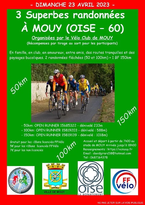 Affiche randonnées 50 et 100 km et brevet fédéral 150 km – avril 2023