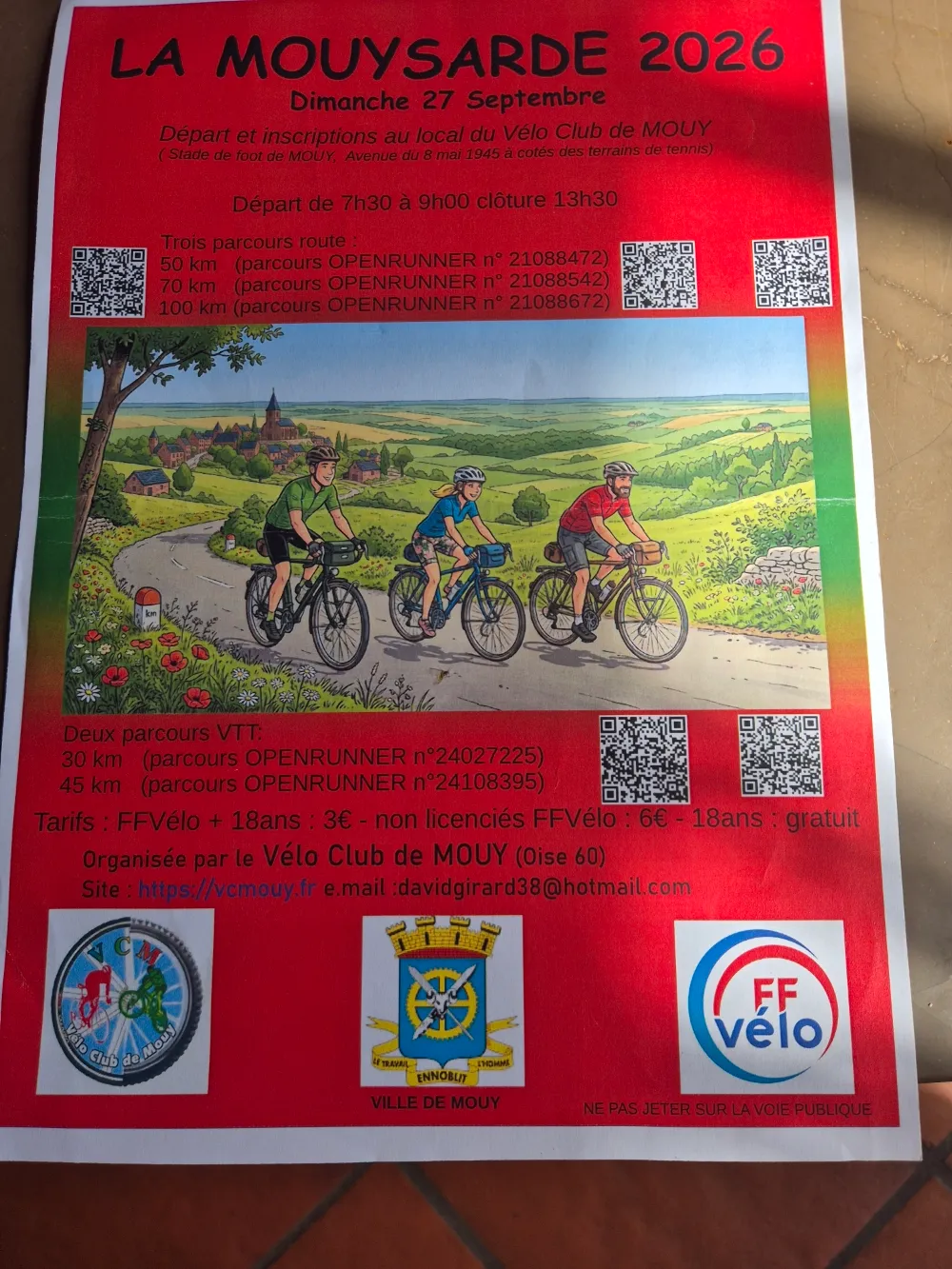 Affiche officielle de La Mouysarde 2026, randonnée route et VTT du Vélo Club de Mouy (Oise) le dimanche 27 septembre 2026 au stade de Mouy