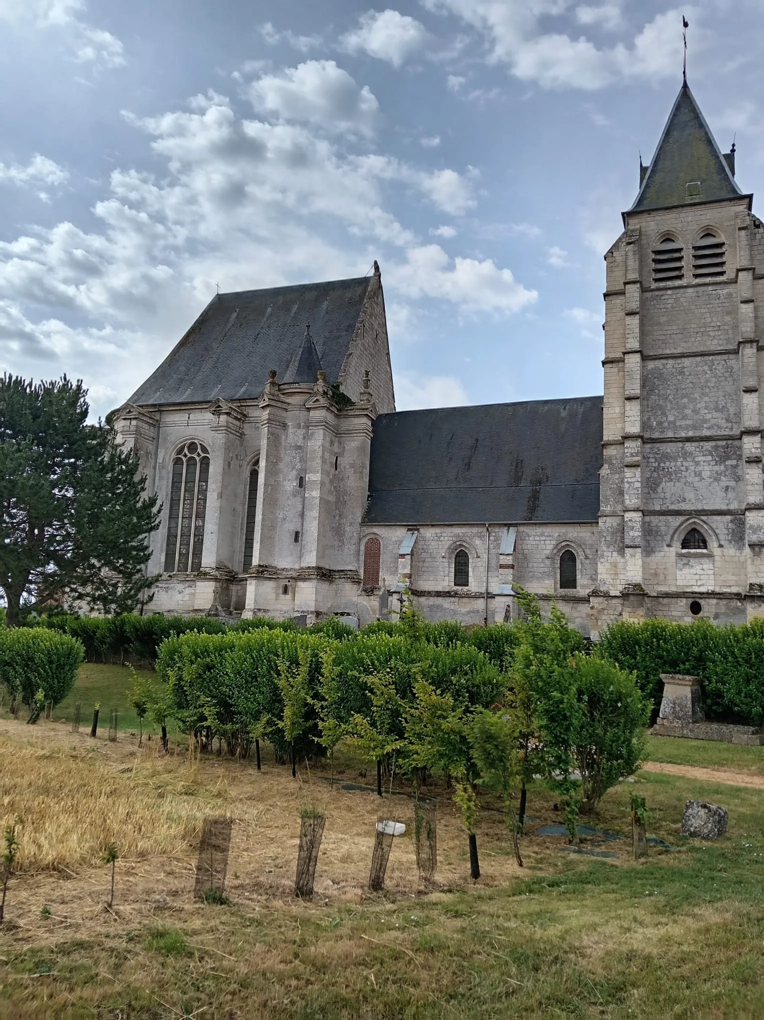 L'église Saint-André de Saint-André-Farivillers vue depuis son cimetière, entourée de jeunes arbustes sous un ciel nuageux