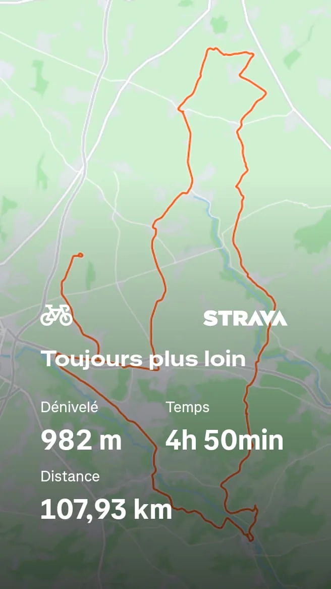 Carte et statistiques Strava de la sortie « Toujours plus loin » : 107,93 km, 982 m de dénivelé et 4h50 de vélo autour de Mouy et Saint-André-Farivillers
