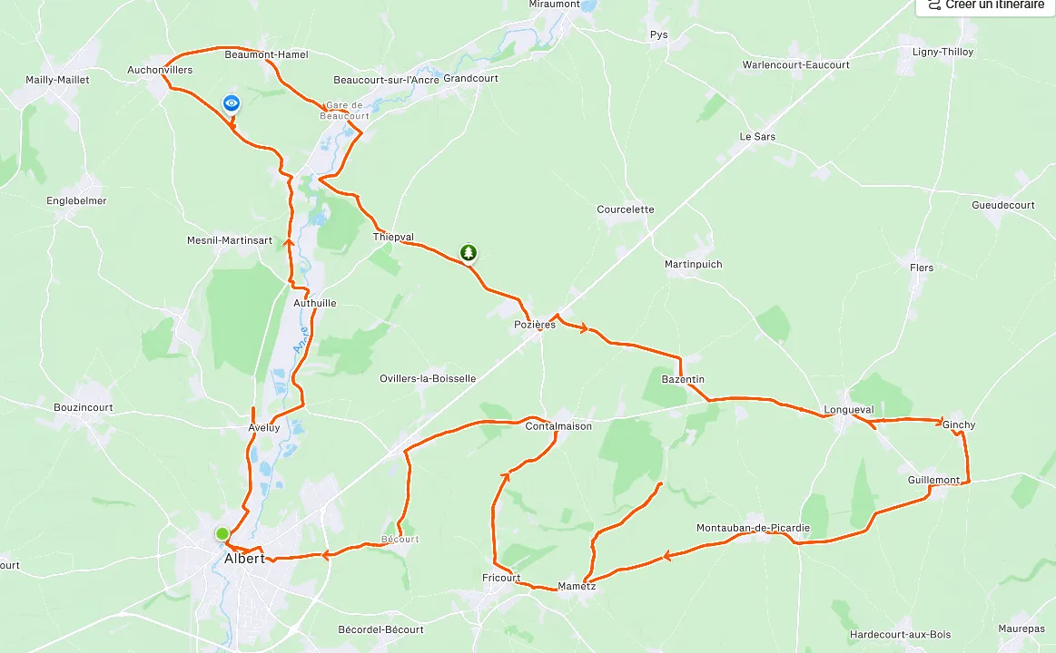 Carte du premier circuit de la randonnée de la Grande Guerre dans la Somme