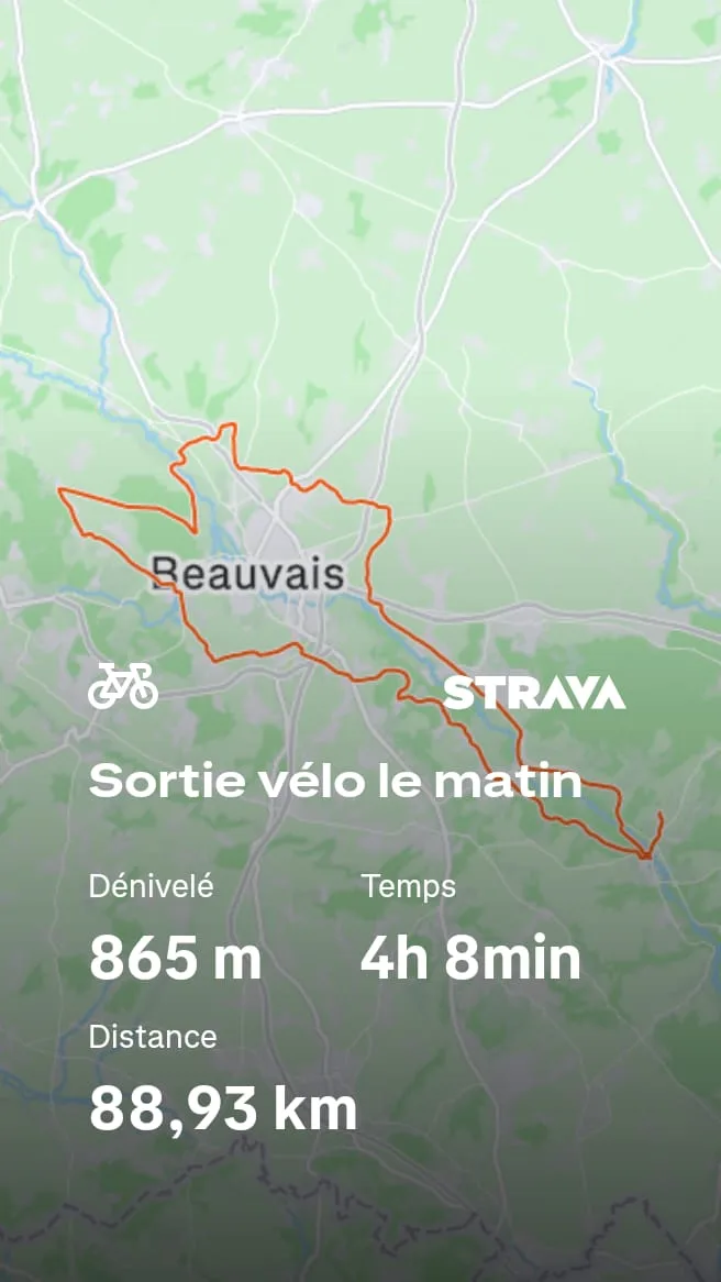 Statistiques Strava de la sortie : 88,93 km, 865 m de dénivelé et 4h08 de vélo autour de Beauvais lors de la Tilloisienne 2026